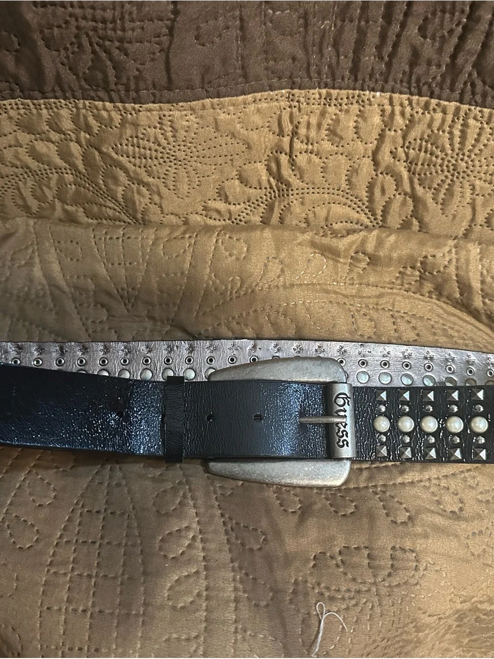 Guess Black Studded Leather Belt with Pearl Accents